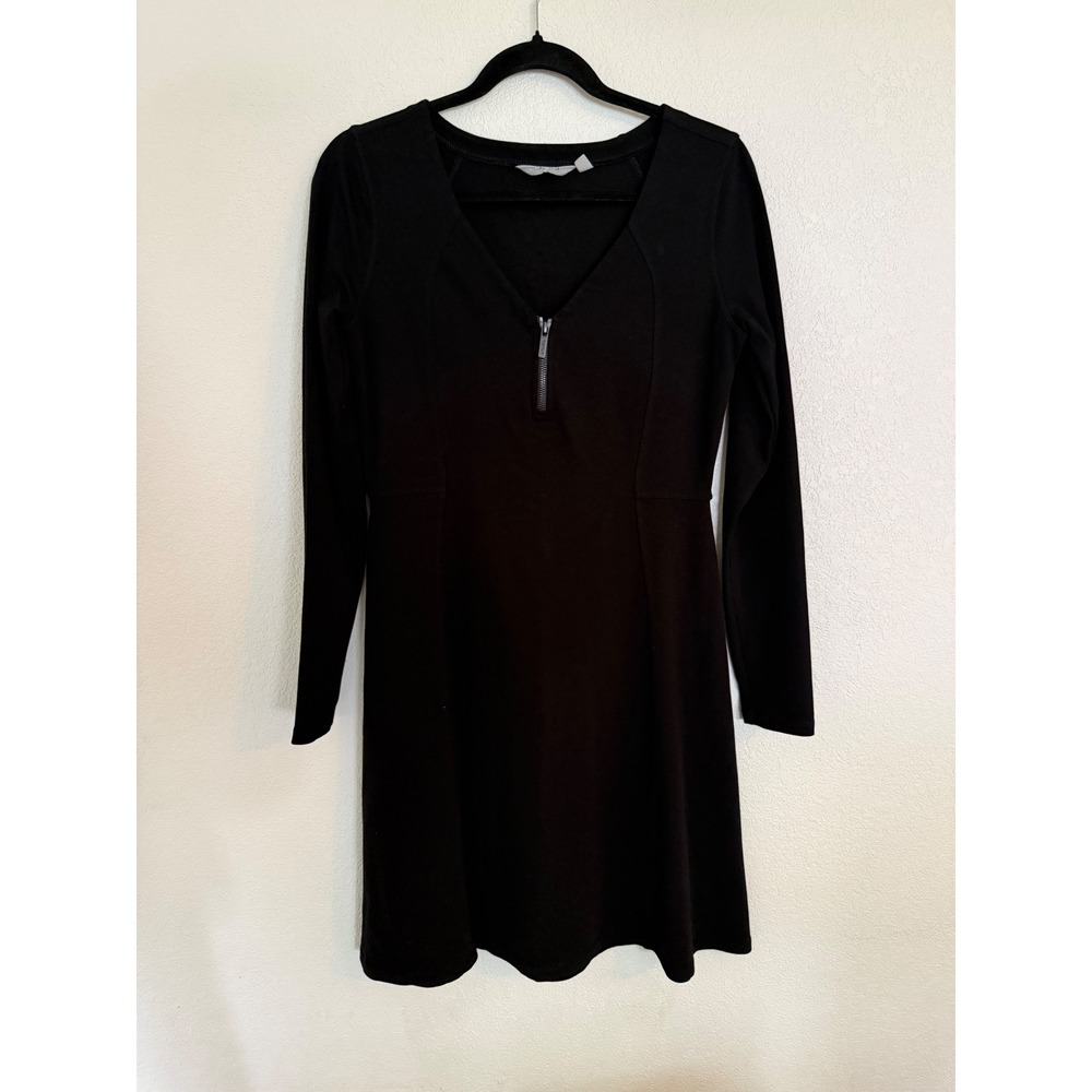 Athleta Womens Black Long Sleeve Zip V-Neck Fit & Flare Dress Small